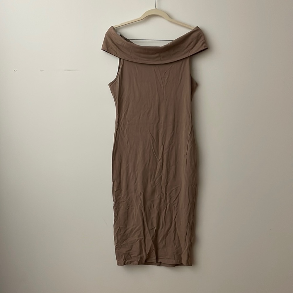 Taupe Off the Shoulder Mini Dress